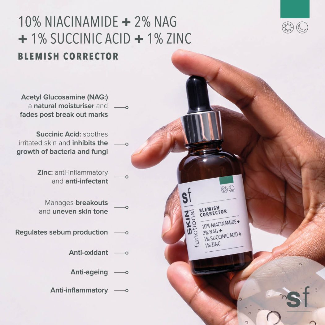 10% Niacinamide + 2% NAG +1% Succinic Acid + 1% ZincBlemish Corrector 10% Niacinamide + 2% NAG +1% Succinic Acid + 1% ZincBlemish Corrector